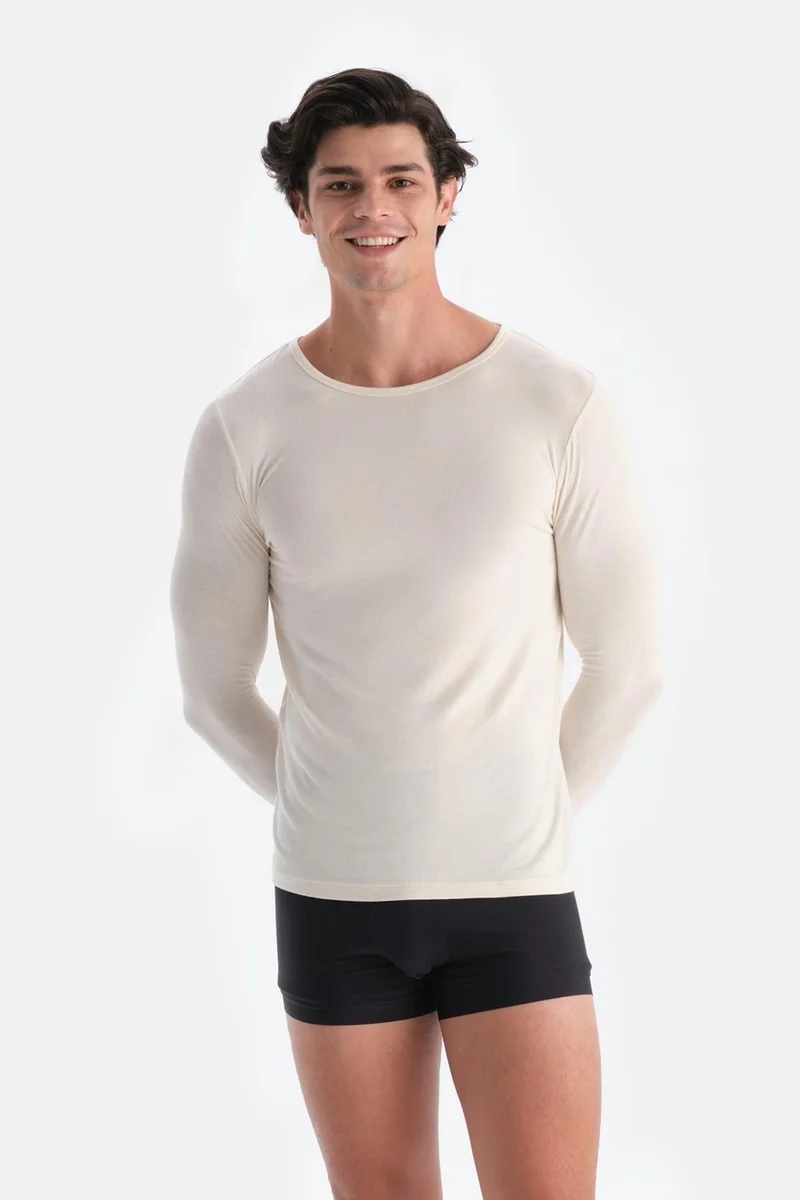 dagi Ecru D1051 Modal Cashmere Crew Neck Long Sleeve Top