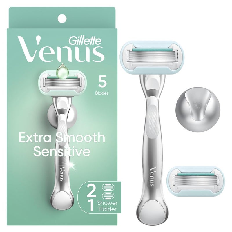 Gillette Venus Extra Smooth Sensitive Razor for Women, Includes 1 Reusable Razor Handle + 2 Refills, for Sensitive Skin with Metal Handle and Shower Holder - Image 1