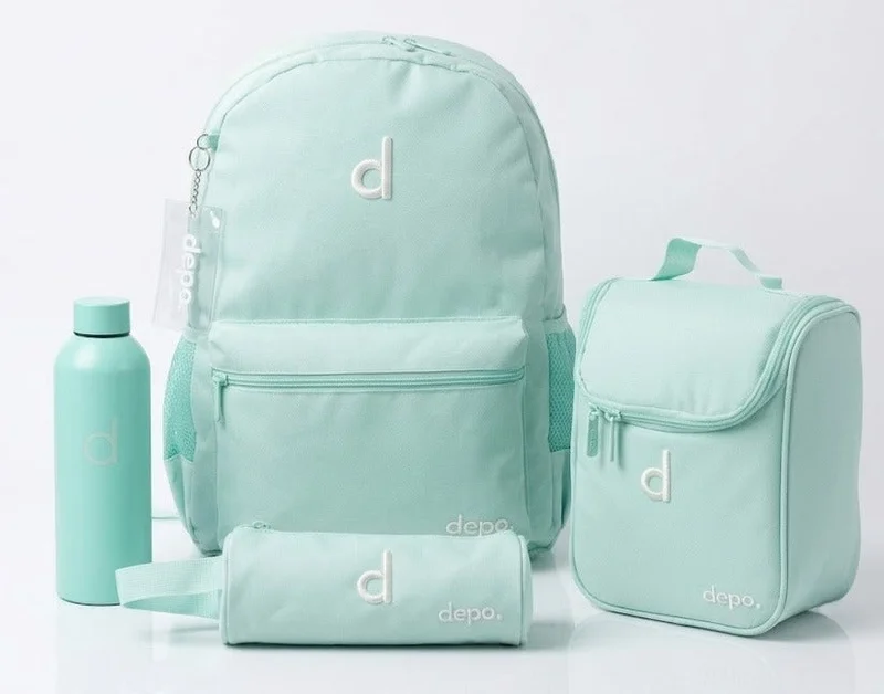 Depo DEPO Premium 4-Piece School Essentials Set – 44cm Water-Resistant Backpack, Insulated Lunch Bag, Pencil Case & 500ml Reusable Water Bottle | Lightweight | Mint Green