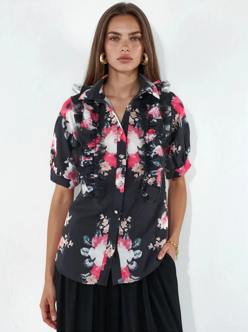 جينيفر Floral Poplin Shirt-collar Blouse