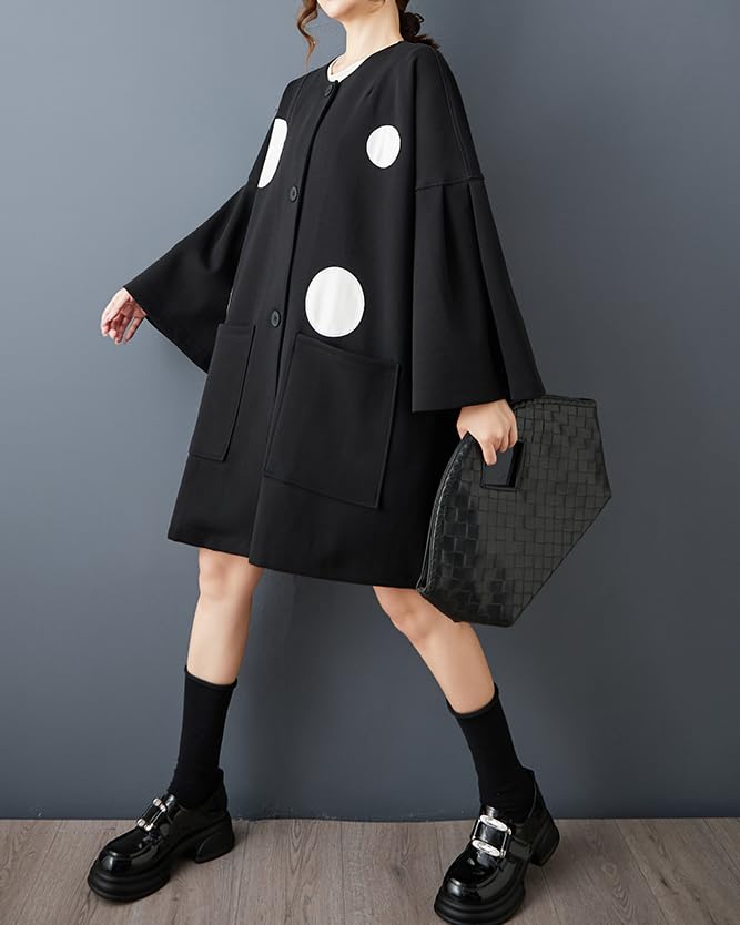 ellazhu Women's DressCasual Crewneck Black Long Batwing Sleeve Polka Dot Printed Oversize Flowy Hem GZ621 Black - Image 2