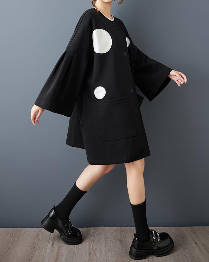 ellazhu Women's DressCasual Crewneck Black Long Batwing Sleeve Polka Dot Printed Oversize Flowy Hem GZ621 Black - Image 1