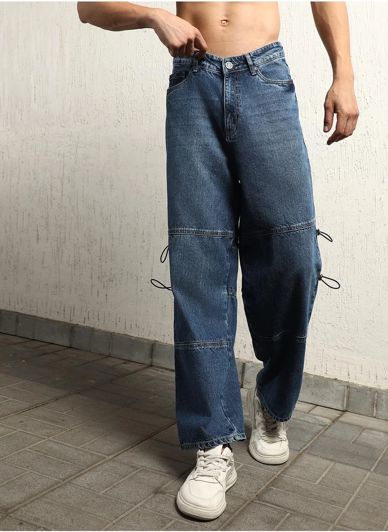 Hubberholme Men's Indigo 100% Cotton Bleached Full Length Baggy Jeans