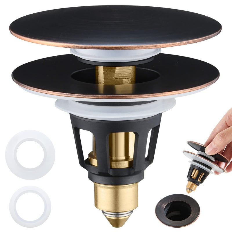 PerPaiMe Universal 2-In-1 Bathroom Sink Stopper - Pop Up Sink Drain Stopper  Push Button Sink Drain Stopper Replacement  Wash Basin Drain Filter Plug With Anti-Clogging Strainer  Oil Rubbed Bronze - Image 1