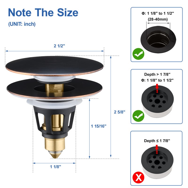 PerPaiMe Universal 2-In-1 Bathroom Sink Stopper - Pop Up Sink Drain Stopper  Push Button Sink Drain Stopper Replacement  Wash Basin Drain Filter Plug With Anti-Clogging Strainer  Oil Rubbed Bronze - Image 2