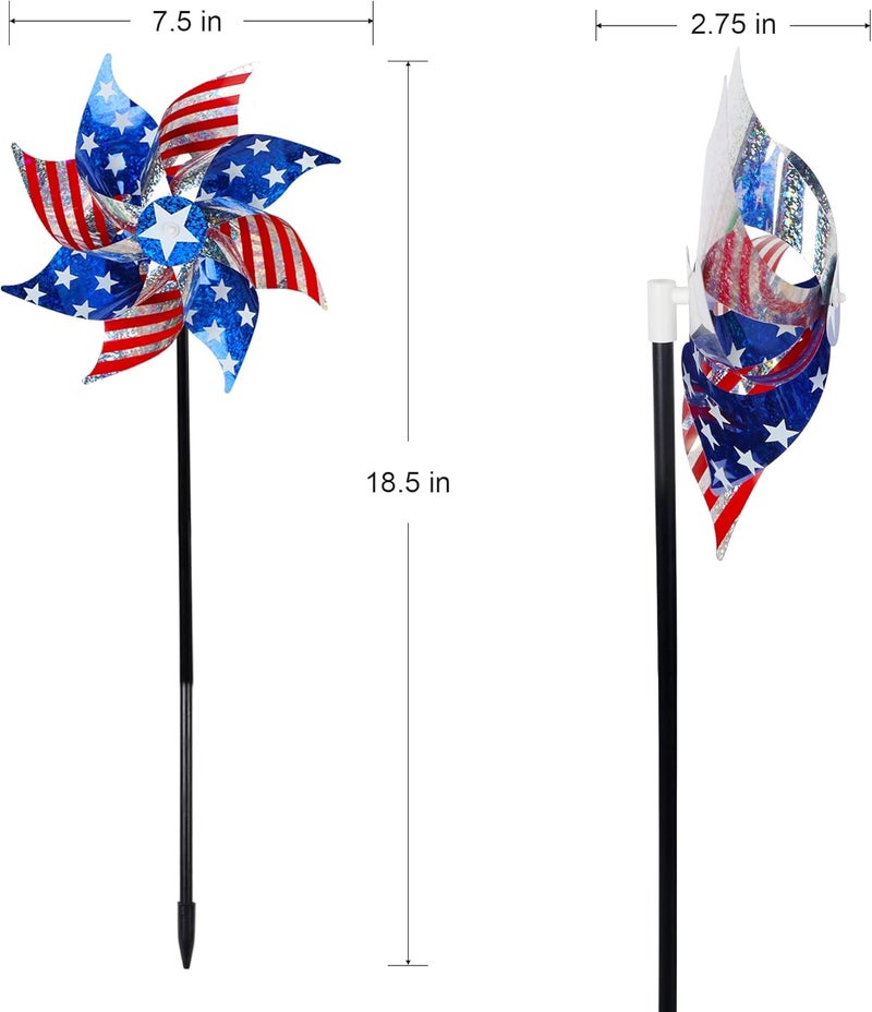 Hausse 10 Pack Reflective Pinwheels Patriotic Decorations, American Flag on Stick Wind Spinner with Stake for Independence Day, Memorial Day July of 4th Party Supplies, Scare Birds Repellent Devices - Image 2
