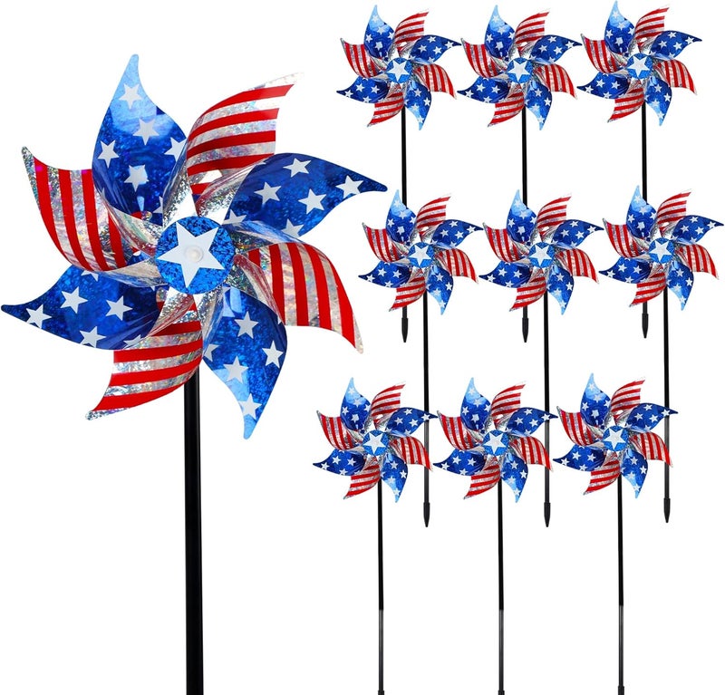 Hausse 10 Pack Reflective Pinwheels Patriotic Decorations, American Flag on Stick Wind Spinner with Stake for Independence Day, Memorial Day July of 4th Party Supplies, Scare Birds Repellent Devices - Image 1
