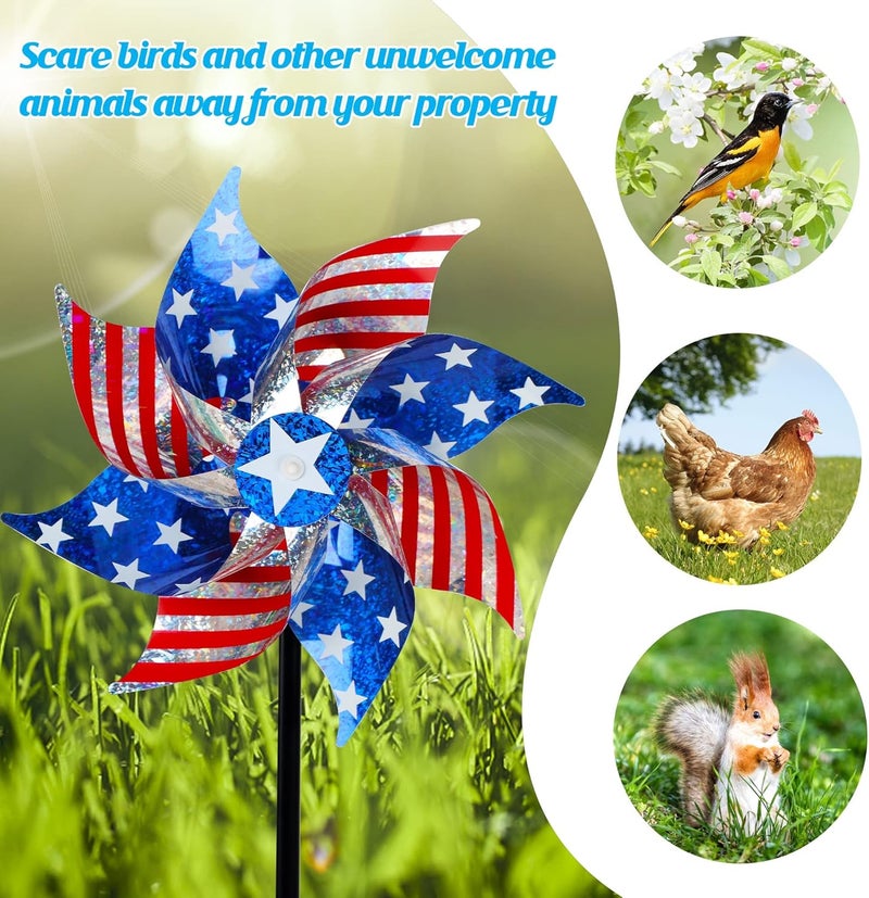 Hausse 10 Pack Reflective Pinwheels Patriotic Decorations, American Flag on Stick Wind Spinner with Stake for Independence Day, Memorial Day July of 4th Party Supplies, Scare Birds Repellent Devices - Image 4