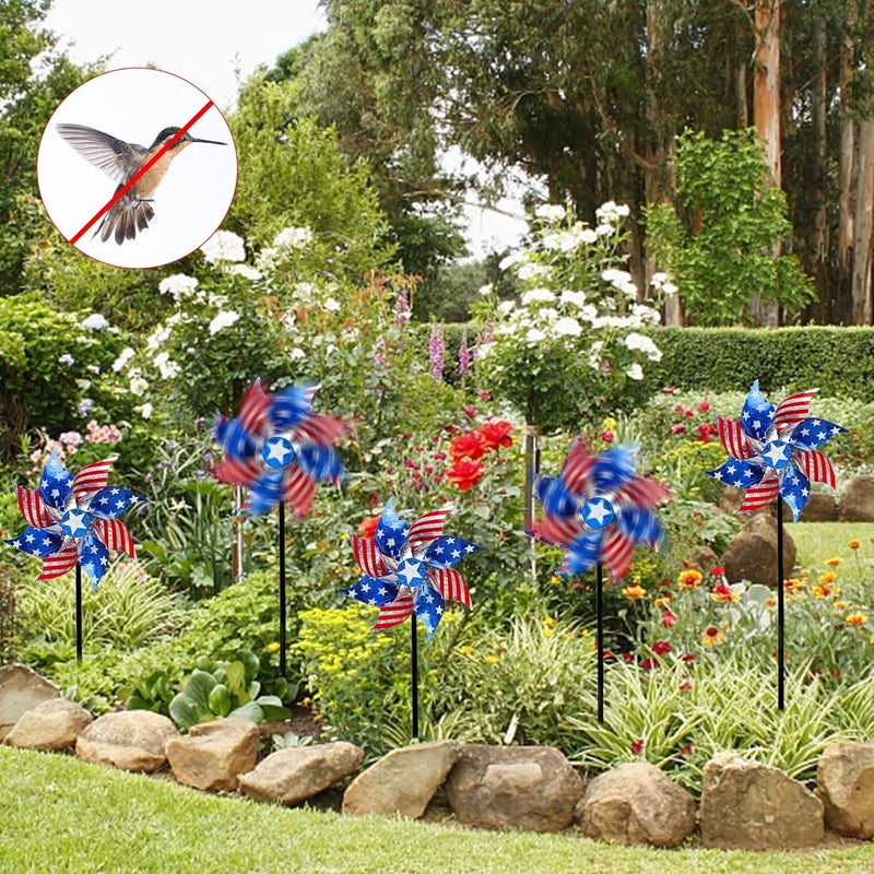 Hausse 10 Pack Reflective Pinwheels Patriotic Decorations, American Flag on Stick Wind Spinner with Stake for Independence Day, Memorial Day July of 4th Party Supplies, Scare Birds Repellent Devices - Image 3