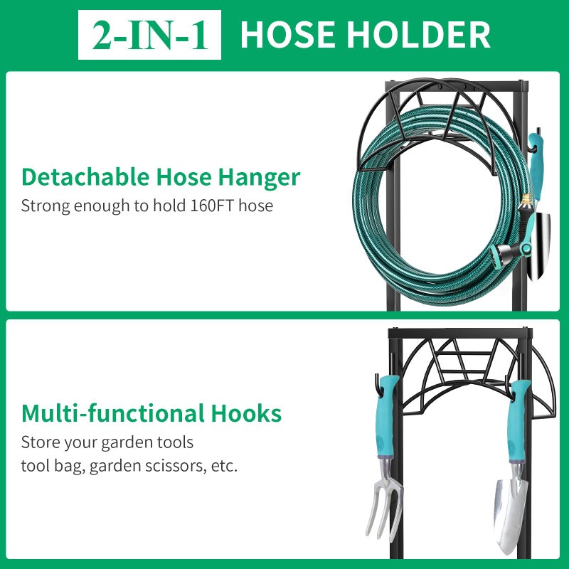 TomCare Garden Hose Holder 4 Spikes Garden Hose Reel Hose Stand Upgraded Water Hose Storage with Tool Hooks Garden Hose Hanger Organizer Holds 160ft Hoses for Outside Yard Lawn, Black - Image 3