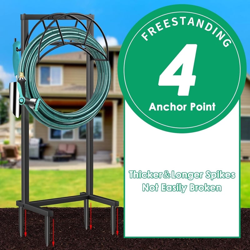 TomCare Garden Hose Holder 4 Spikes Garden Hose Reel Hose Stand Upgraded Water Hose Storage with Tool Hooks Garden Hose Hanger Organizer Holds 160ft Hoses for Outside Yard Lawn, Black - Image 4