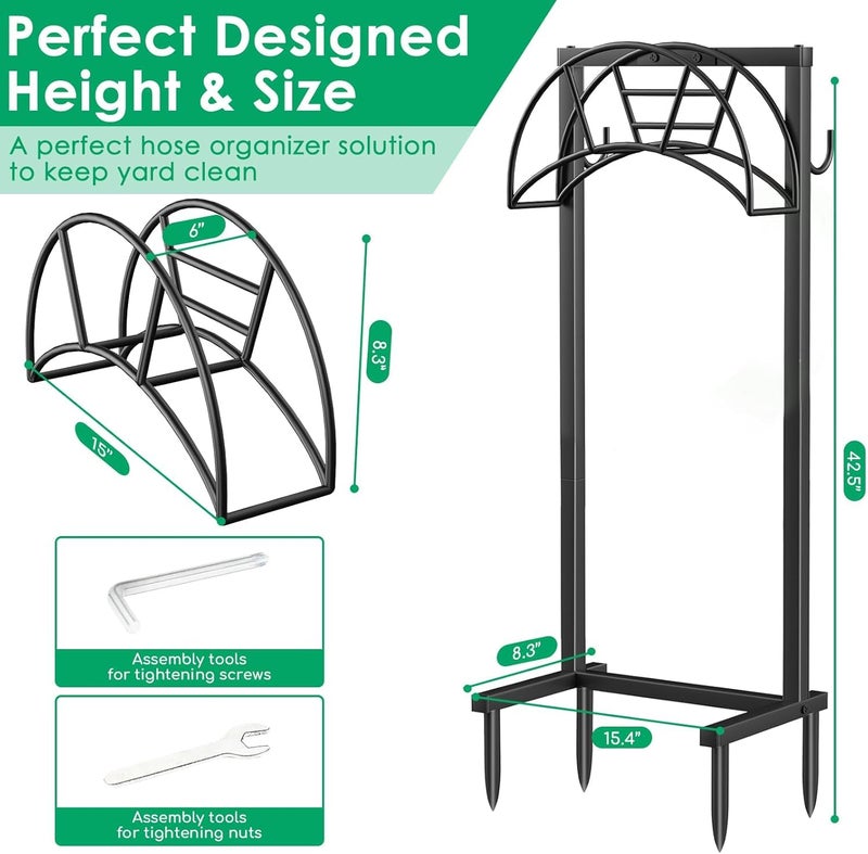 TomCare Garden Hose Holder 4 Spikes Garden Hose Reel Hose Stand Upgraded Water Hose Storage with Tool Hooks Garden Hose Hanger Organizer Holds 160ft Hoses for Outside Yard Lawn, Black - Image 5