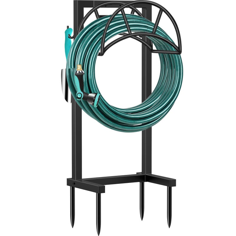 TomCare Garden Hose Holder 4 Spikes Garden Hose Reel Hose Stand Upgraded Water Hose Storage with Tool Hooks Garden Hose Hanger Organizer Holds 160ft Hoses for Outside Yard Lawn, Black - Image 1