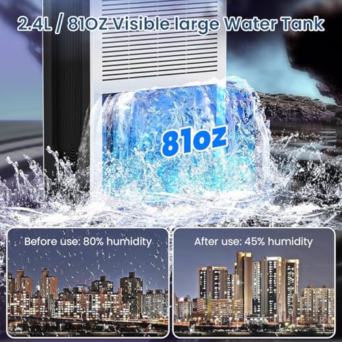 HANNEA® Dehumidifier for Room Moisture Control Dehumidifier for Bedroom Closet Cloakroom or Small Spaces up to 500 sq ft Daily Extraction 0.6-1.1L with 2.4L Water Tank 2 Modes and Drainage Hose - Image 5