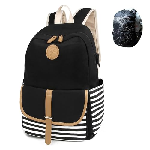 SCIONE Backpacks for Women Teen Girls, Big Kid Large Capacity Book Bag with USB Charger Port,Cute Canvas Bookpack -Durable Black Stripe Backpack,Travel Laptop Backpack,Back to School Gift for Girls - Image 1