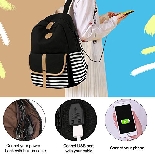 SCIONE Backpacks for Women Teen Girls, Big Kid Large Capacity Book Bag with USB Charger Port,Cute Canvas Bookpack -Durable Black Stripe Backpack,Travel Laptop Backpack,Back to School Gift for Girls - Image 3