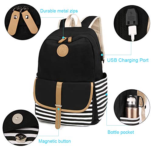 SCIONE Backpacks for Women Teen Girls, Big Kid Large Capacity Book Bag with USB Charger Port,Cute Canvas Bookpack -Durable Black Stripe Backpack,Travel Laptop Backpack,Back to School Gift for Girls - Image 4