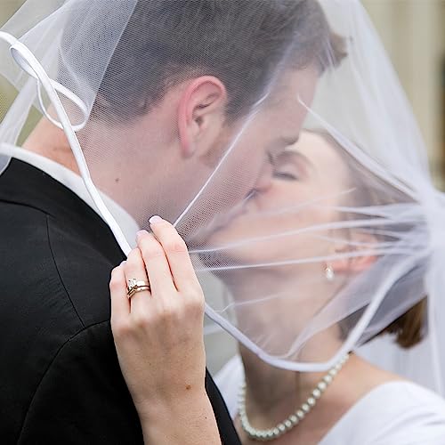 Amaxiu Short Wedding Bridal Veil with Comb, 2 Tier Tulle Bride Veil Elbow Length Wedding Veil Ribbon Edge 60-80cm/23-31in - Image 2