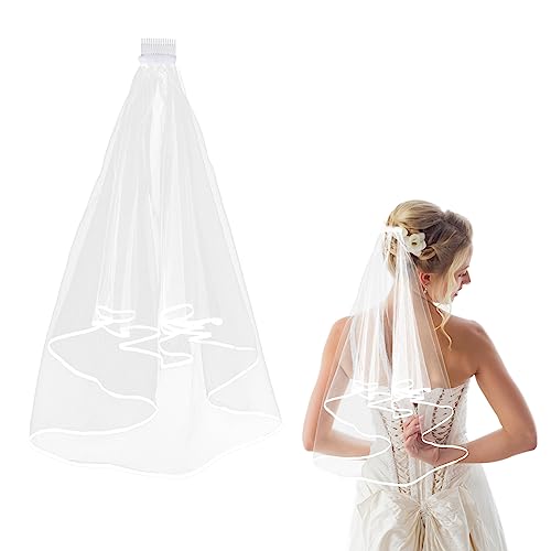 Amaxiu Short Wedding Bridal Veil with Comb, 2 Tier Tulle Bride Veil Elbow Length Wedding Veil Ribbon Edge 60-80cm/23-31in - Image 1