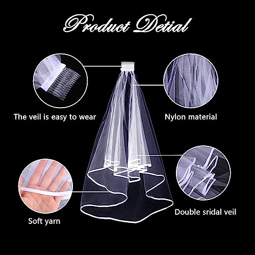 Amaxiu Short Wedding Bridal Veil with Comb, 2 Tier Tulle Bride Veil Elbow Length Wedding Veil Ribbon Edge 60-80cm/23-31in - Image 4