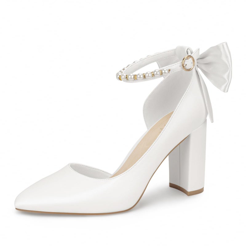 PARTY Women's Closed Toe Pumps 3-Inch Chunky Heels Pumps Ankle Strap Dress Wedding Shoes,Pearl Pu,7,S1 - Image 1