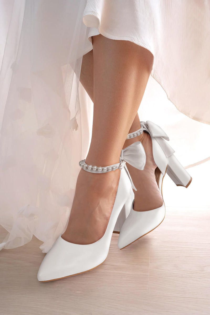 PARTY Women's Closed Toe Pumps 3-Inch Chunky Heels Pumps Ankle Strap Dress Wedding Shoes,Pearl Pu,7,S1 - Image 3