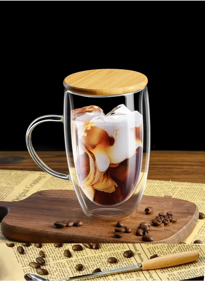 1 تشيس Double Walled Coffee Cups With Handle And Bamboo Lid  450ml