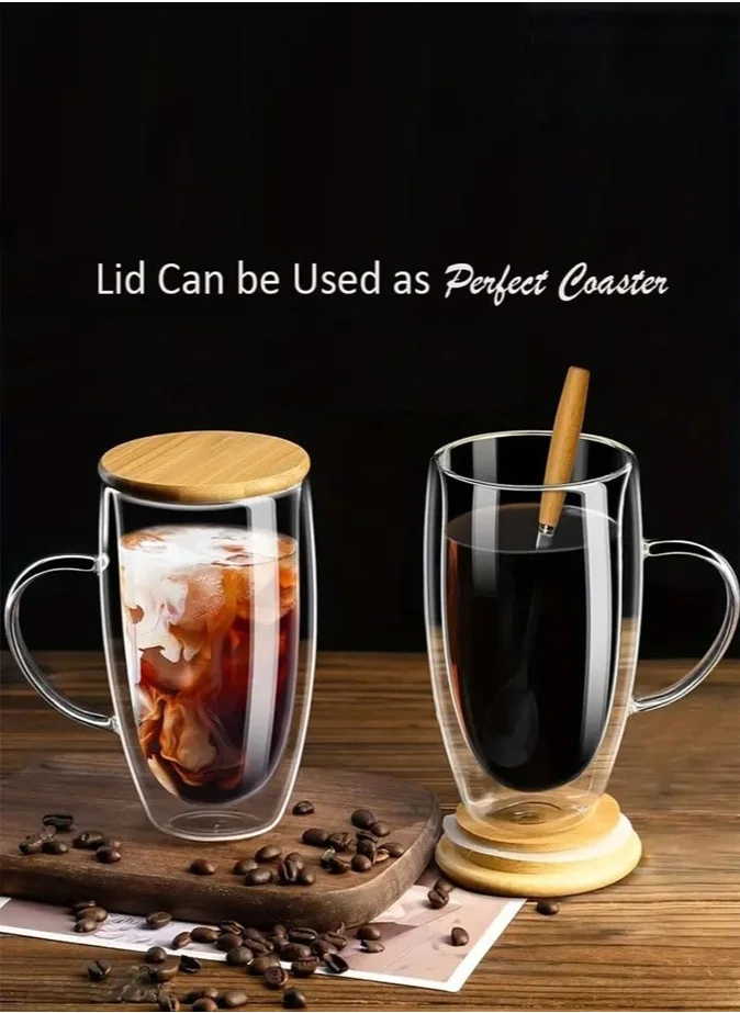 1 تشيس Double Walled Coffee Cups With Handle And Bamboo Lid  450ml