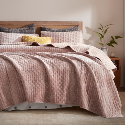 LEAONME Velvet Quilt Set Full/Queen Size 90''x98'', Lightweight Dusty Pink Velvet Comforter Set with 2 Matching Shams, Soft Cross Stitch Bedspread Coverlet Bedding Set for All Season - Image 1
