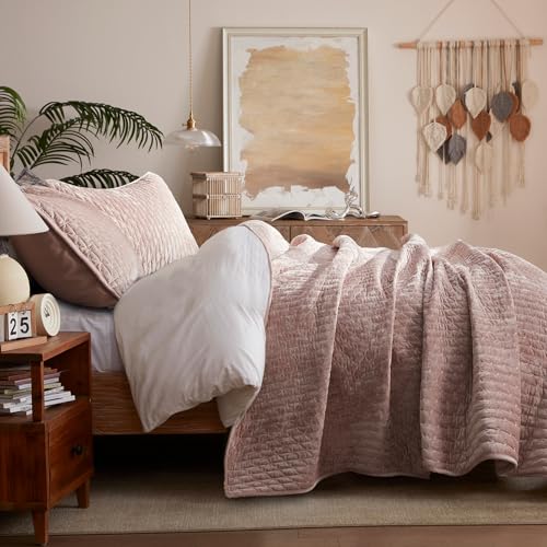 LEAONME Velvet Quilt Set Full/Queen Size 90''x98'', Lightweight Dusty Pink Velvet Comforter Set with 2 Matching Shams, Soft Cross Stitch Bedspread Coverlet Bedding Set for All Season - Image 3