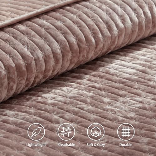 LEAONME Velvet Quilt Set Full/Queen Size 90''x98'', Lightweight Dusty Pink Velvet Comforter Set with 2 Matching Shams, Soft Cross Stitch Bedspread Coverlet Bedding Set for All Season - Image 5