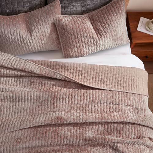 LEAONME Velvet Quilt Set Full/Queen Size 90''x98'', Lightweight Dusty Pink Velvet Comforter Set with 2 Matching Shams, Soft Cross Stitch Bedspread Coverlet Bedding Set for All Season - Image 4