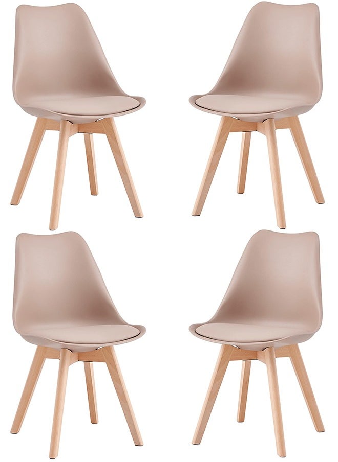 Taimi Pack Of 4 Mid Century Modern Side Chair with High Back Rest, PU Leather Soft Padded Seats and Solid Wood Legs - Dining, Living Room, Kitchen, Bedroom - Shell Tulip Chair Biege  - Image 1