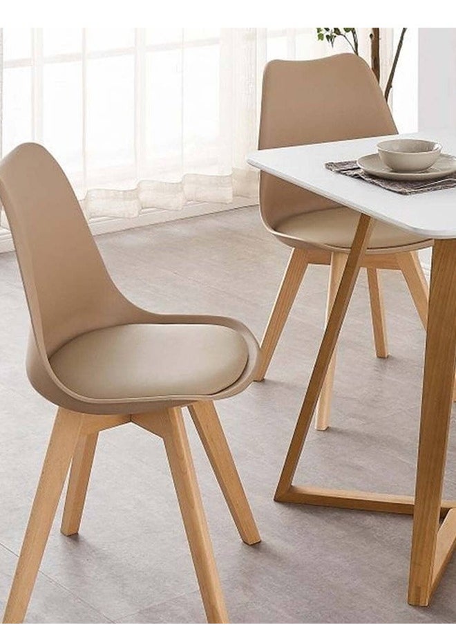 Taimi Pack Of 4 Mid Century Modern Side Chair with High Back Rest, PU Leather Soft Padded Seats and Solid Wood Legs - Dining, Living Room, Kitchen, Bedroom - Shell Tulip Chair Biege  - Image 3