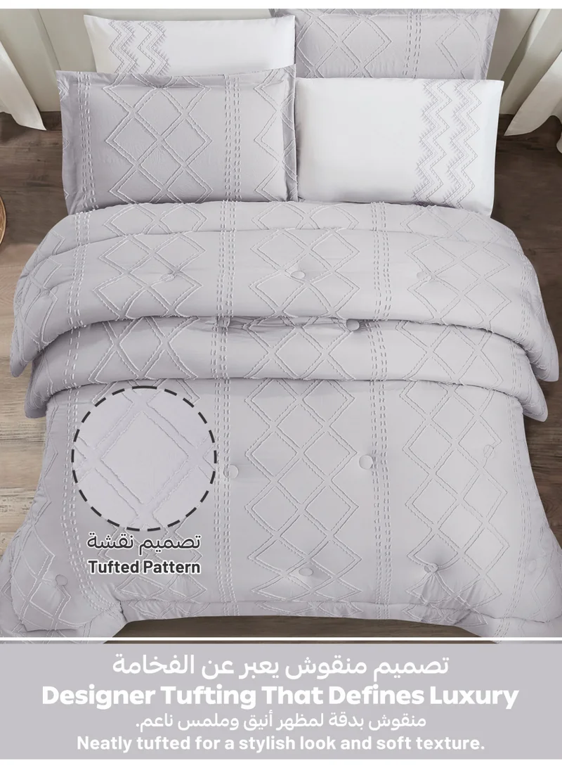 Donetella Bedding Comforter Set King Size, 6-Pcs Bed Set Fits 200x200 Cms -Tufted Embroidery Set-All Season- 350 GSM Brushed Microfiber (طقم مفرش سرير فندقي)