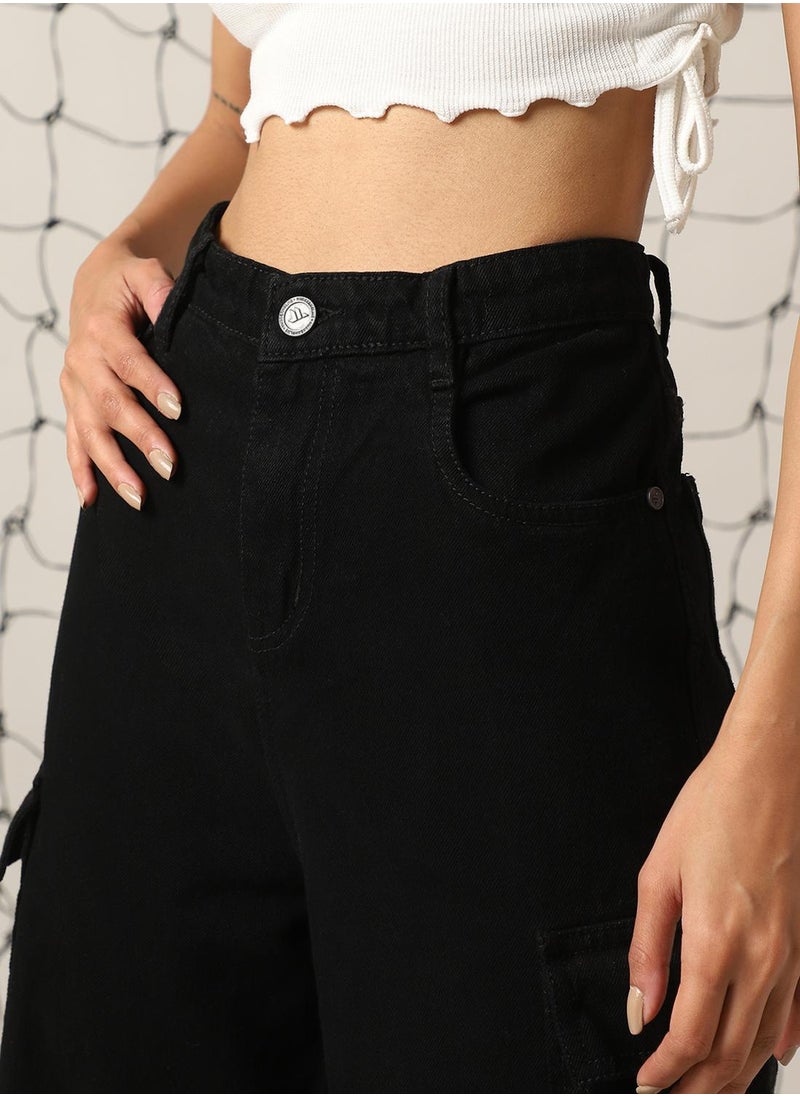 Hubberholme Women's Black 100% Cotton Distressed Full Length Cargo Baggy Fit Jeans  - Image 4