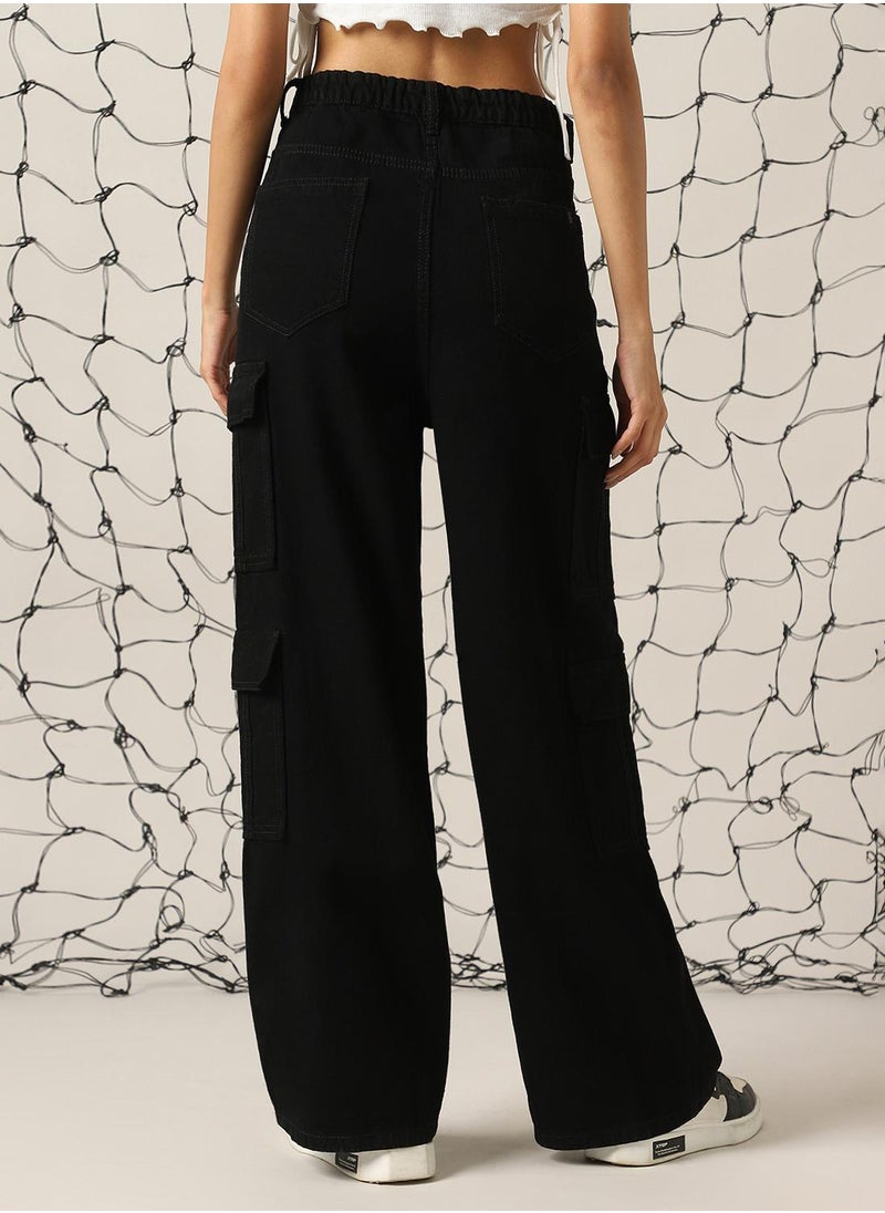Hubberholme Women's Black 100% Cotton Distressed Full Length Cargo Baggy Fit Jeans  - Image 3