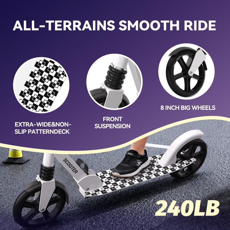 Nattork Kick Scooter for Teens Adults, Max Load 240 LBS, Adjustable Height Foldable with 8" Large Wheels, Anti-Shock Suspension White - Image 2
