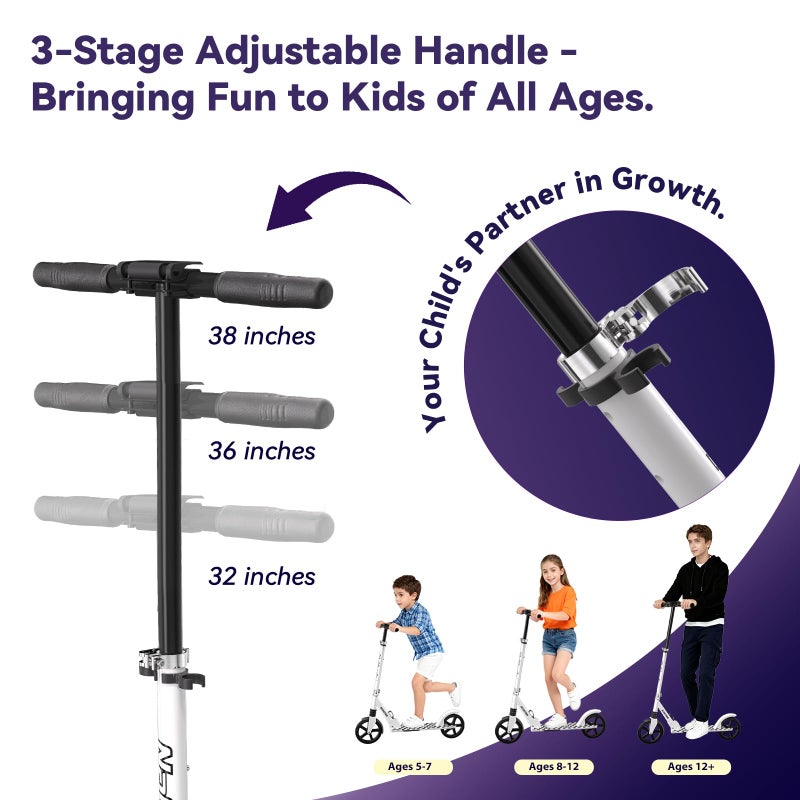 Nattork Kick Scooter for Teens Adults, Max Load 240 LBS, Adjustable Height Foldable with 8" Large Wheels, Anti-Shock Suspension White - Image 4