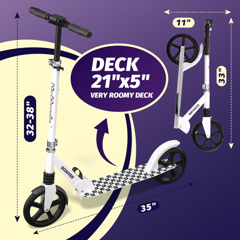 Nattork Kick Scooter for Teens Adults, Max Load 240 LBS, Adjustable Height Foldable with 8" Large Wheels, Anti-Shock Suspension White - Image 5