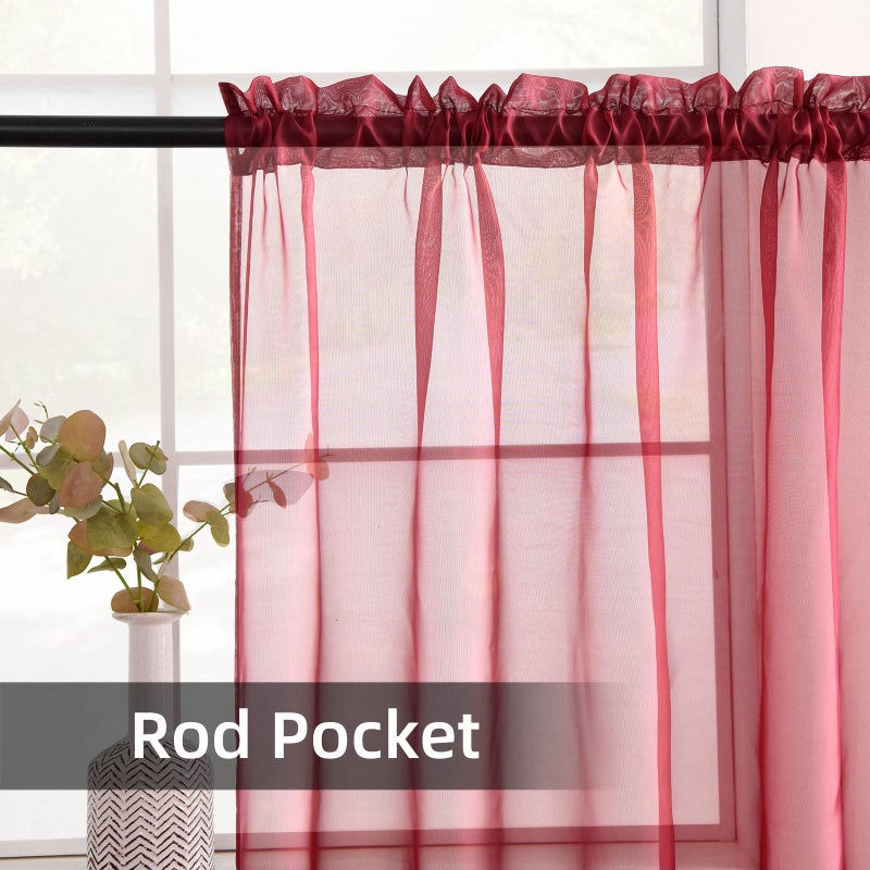 youleyar Solid Sheer Rod Pocket Curtain Voile Draperies 2 Panels White Beige Black Grey Coffee 52 Inch Width 54 Inch Long 1 Pair for Kitchen Bedroom Children Living Room Yard (Wine Red 52Wx54L) - Image 3