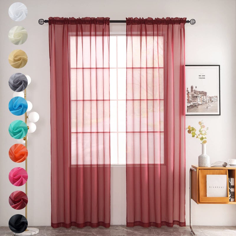 youleyar Solid Sheer Rod Pocket Curtain Voile Draperies 2 Panels White Beige Black Grey Coffee 52 Inch Width 54 Inch Long 1 Pair for Kitchen Bedroom Children Living Room Yard (Wine Red 52Wx54L) - Image 1