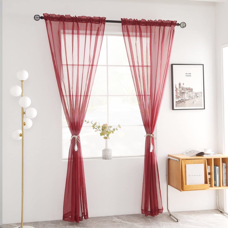 youleyar Solid Sheer Rod Pocket Curtain Voile Draperies 2 Panels White Beige Black Grey Coffee 52 Inch Width 54 Inch Long 1 Pair for Kitchen Bedroom Children Living Room Yard (Wine Red 52Wx54L) - Image 2
