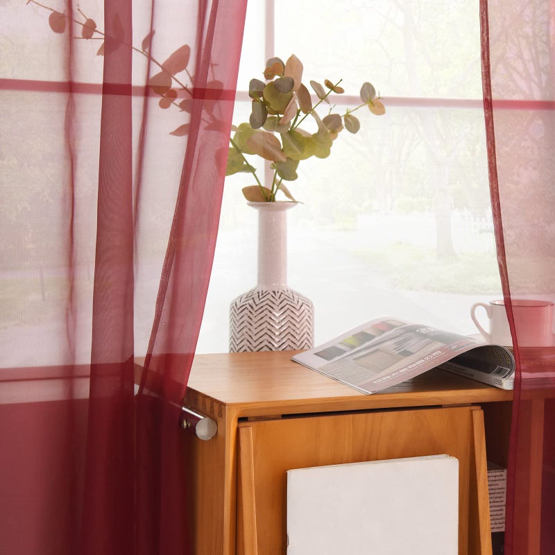 youleyar Solid Sheer Rod Pocket Curtain Voile Draperies 2 Panels White Beige Black Grey Coffee 52 Inch Width 54 Inch Long 1 Pair for Kitchen Bedroom Children Living Room Yard (Wine Red 52Wx54L) - Image 4