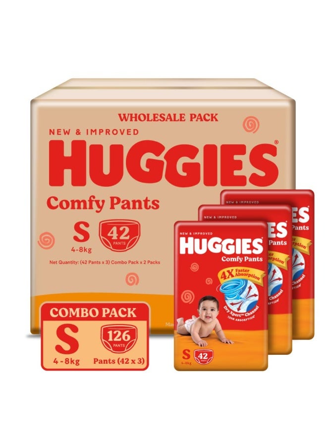 Huggies Comfy Pants Baby Diaper, Small (S) Size (4-8Kgs), Pack of 126 (42 count, Pack of 3) - Image 1