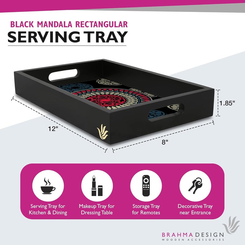BRAHMA DESIGN Serving Tray Black Mandala Design with Black Border Rectangular 8 x 12 Wooden Tray for Serving Tray for Decoration with CutOut Handles - Image 2