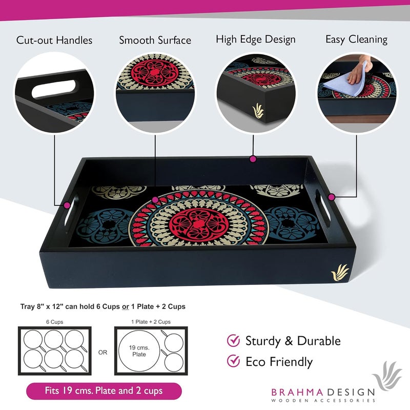 BRAHMA DESIGN Serving Tray Black Mandala Design with Black Border Rectangular 8 x 12 Wooden Tray for Serving Tray for Decoration with CutOut Handles - Image 3