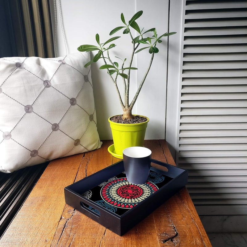 BRAHMA DESIGN Serving Tray Black Mandala Design with Black Border Rectangular 8 x 12 Wooden Tray for Serving Tray for Decoration with CutOut Handles - Image 5