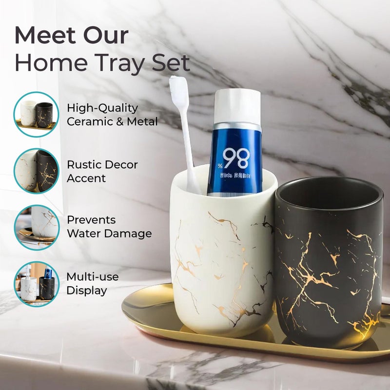 The Better Home Toothbrush Holder and Mouthwash Cup Set with Metal Tray | Ceramic Bathroom Accessories Set | Bathroom Organiser with Non Slip Base | Bathroom Decor | House Warming Gift for New Home - Image 4