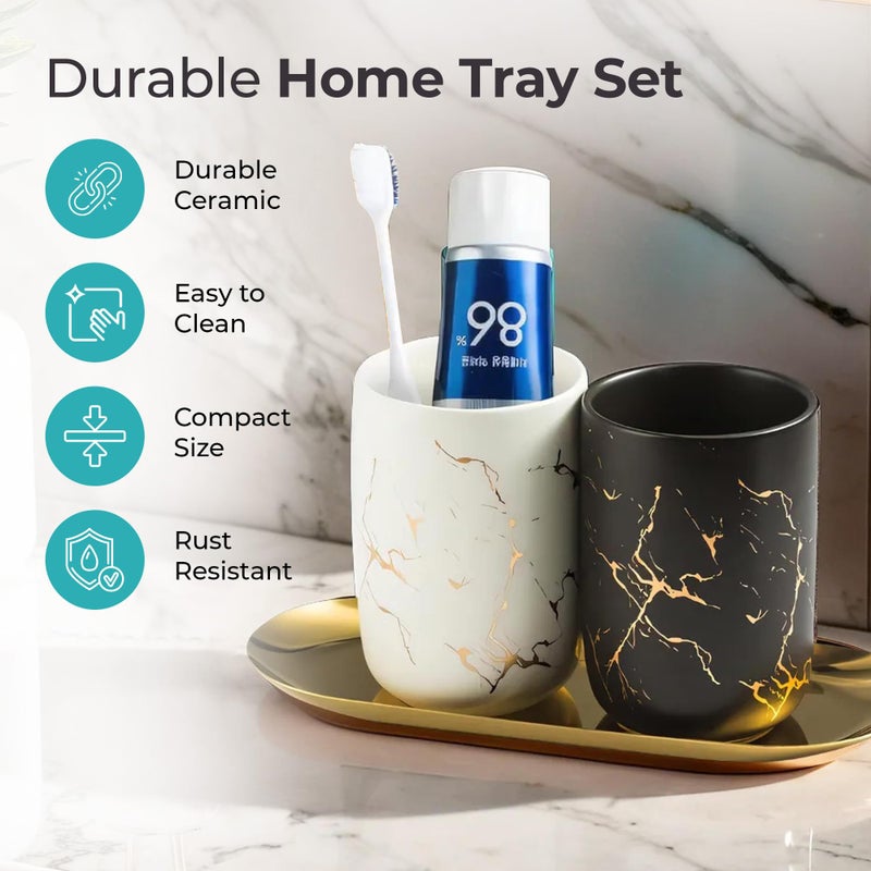 The Better Home Toothbrush Holder and Mouthwash Cup Set with Metal Tray | Ceramic Bathroom Accessories Set | Bathroom Organiser with Non Slip Base | Bathroom Decor | House Warming Gift for New Home - Image 3
